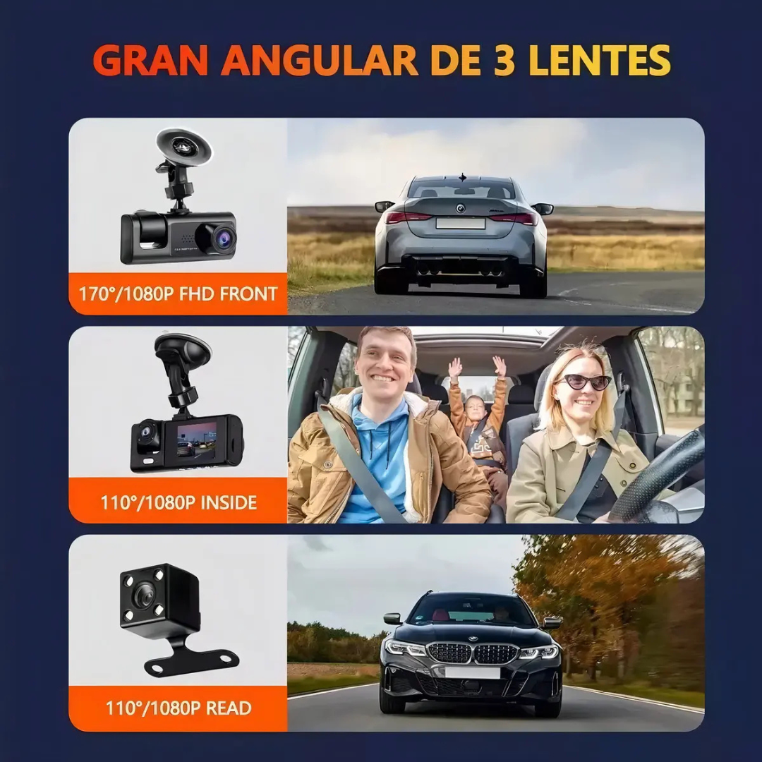 CÁMARA PARA AUTO HD 1080P VISIÓN NOCTURNA DASHCAM TRIPLE CÁMARA