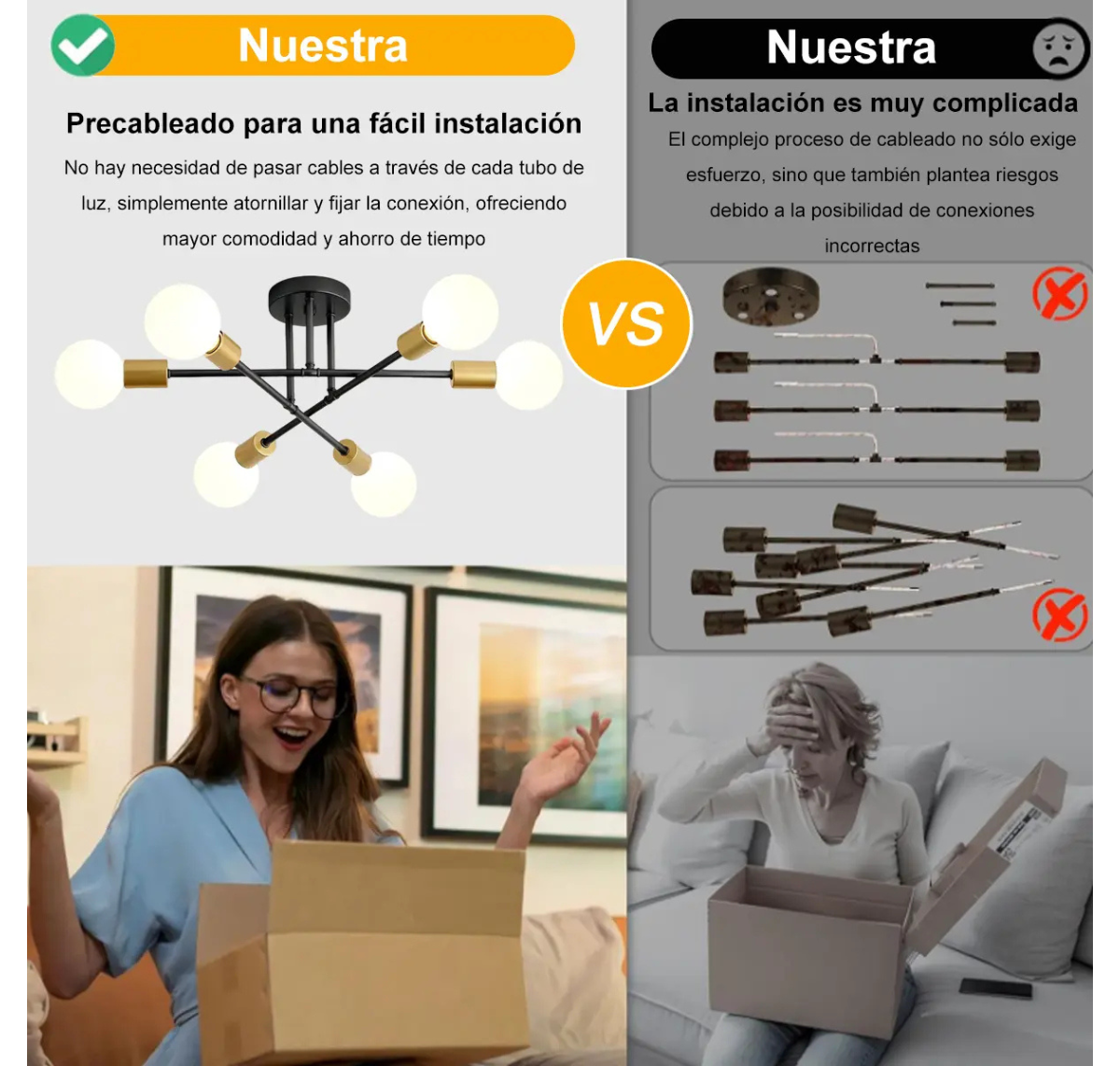 LÁMPARA DE TECHO MODERNA 6 LUCES E27 NEGRO Y DORADO