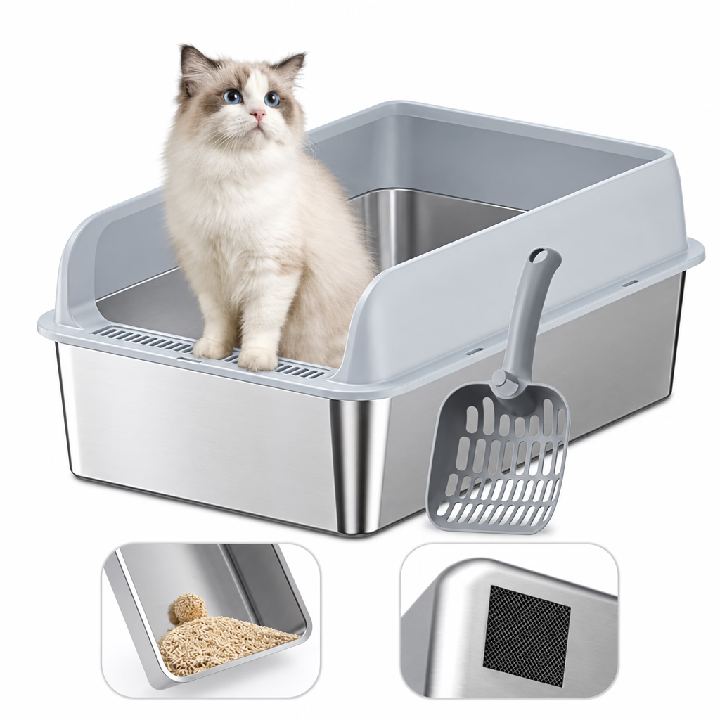 AARENERO BAÑO SANITARIO PARA GATOS + PALA ACERO INOXIDABLE GRIS