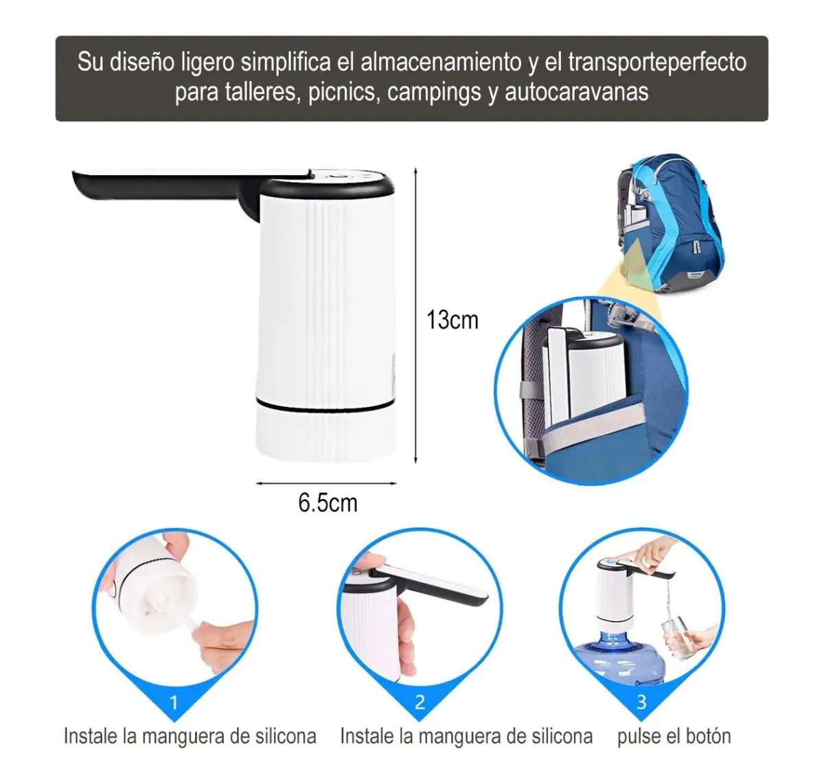 DISPENSADOR DE AGUA ALÉCTRICO PLEGABLE USB PARA BIDÓN