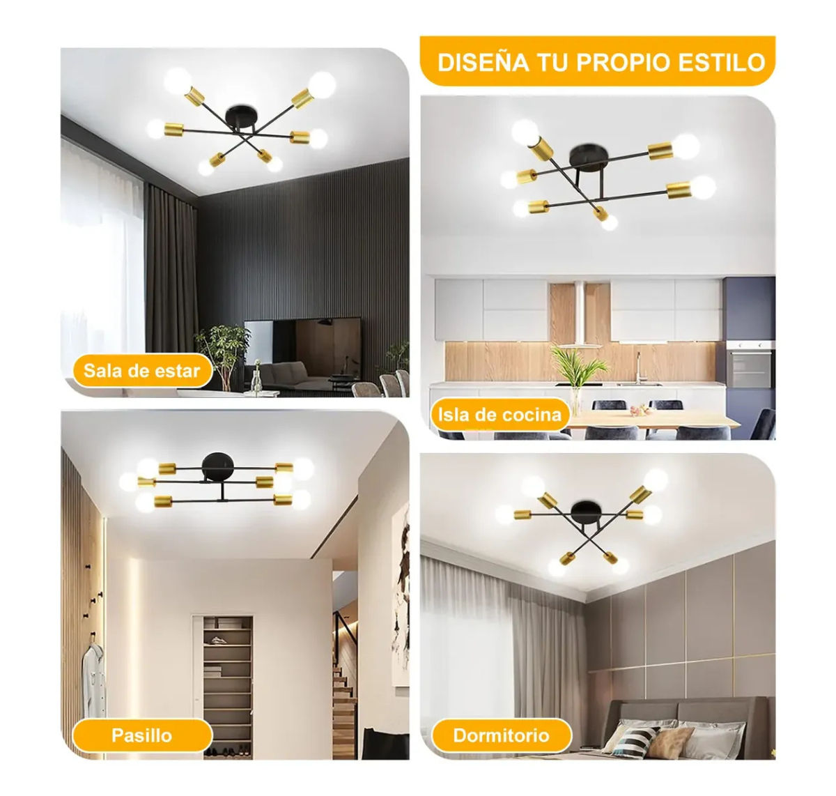 LÁMPARA DE TECHO MODERNA 6 LUCES E27 NEGRO Y DORADO