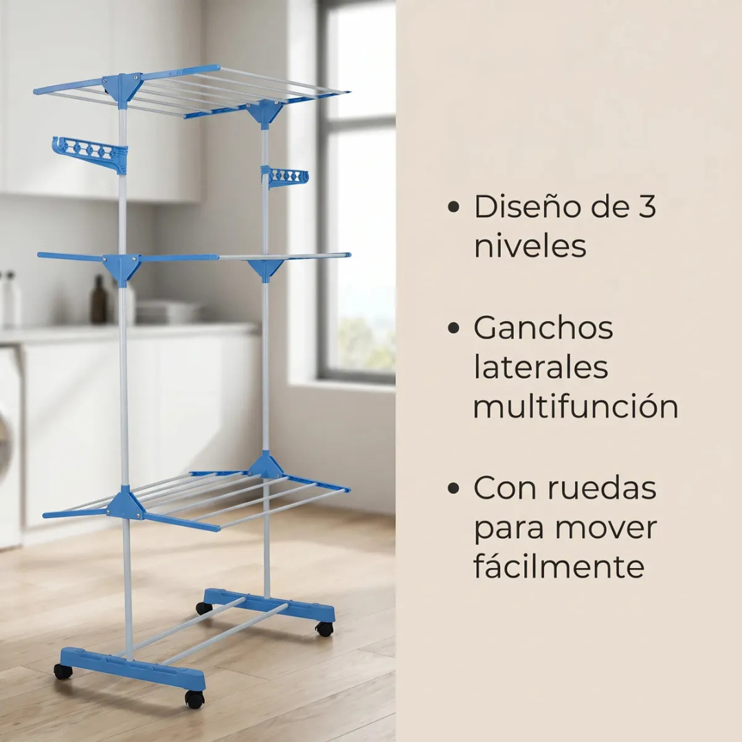 TENDEDERO DE ROPA COLGADOR PERCHERO PLEGABLE 3 NIVELES AZUL