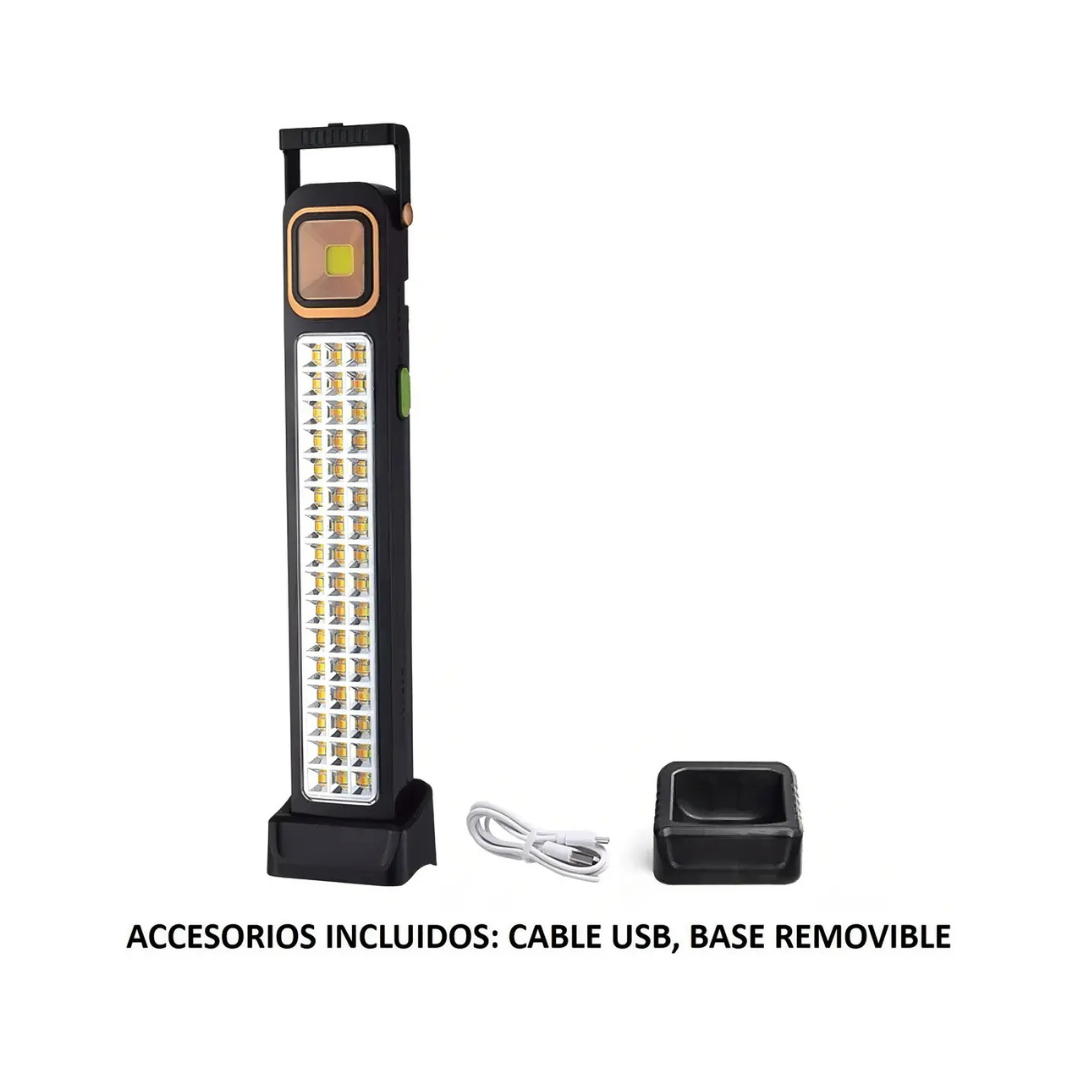 LÁMPARA SOLAR DE EMERGENCIA RECARGABLE 48 LED + FOCO COB USB-C NEGRA