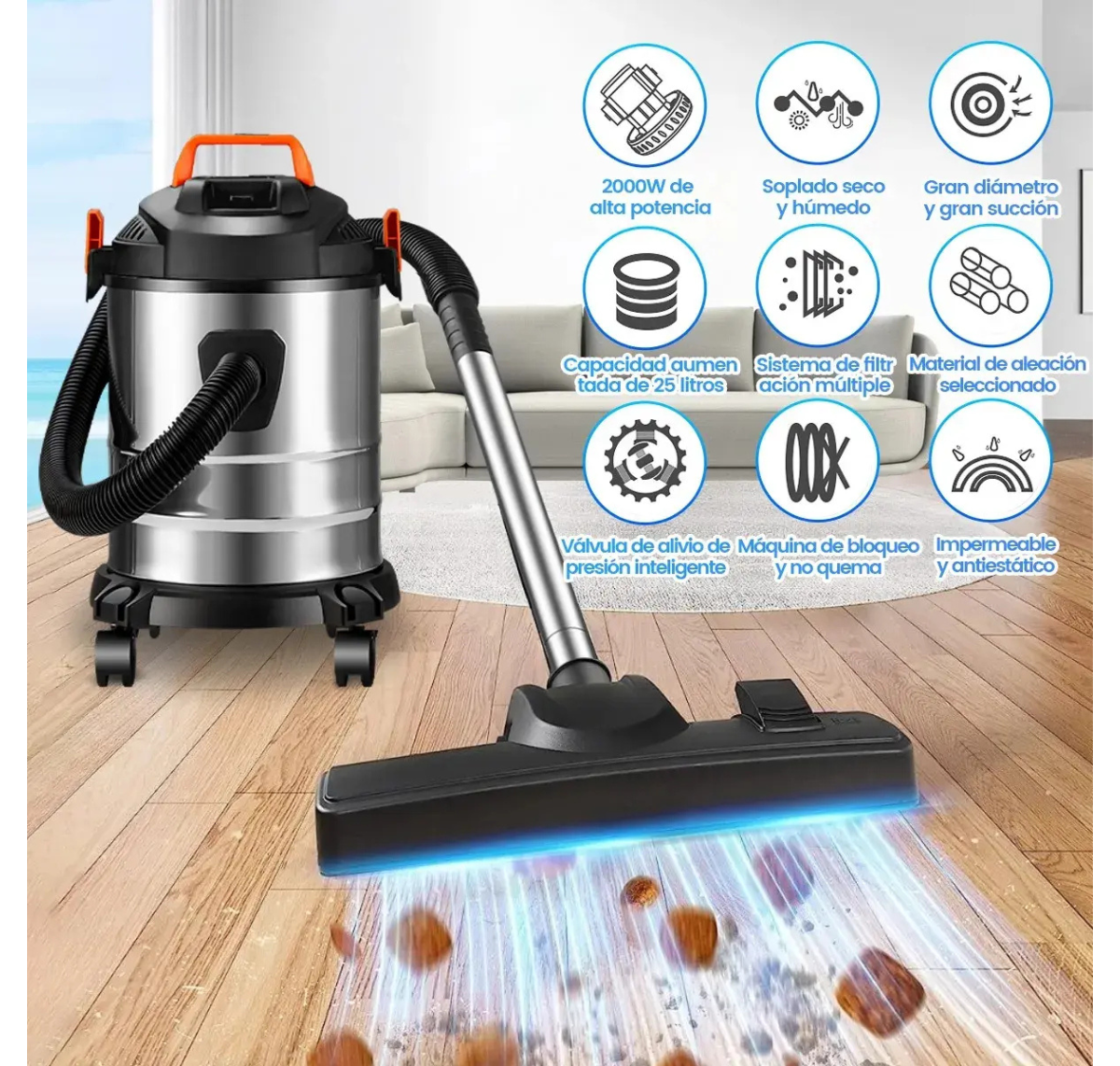 ASPIRADORA INDUSTRIAL ELÉCTRICA SÓLIDOS Y LÍQUIDOS 1500W 20L PLATEADA