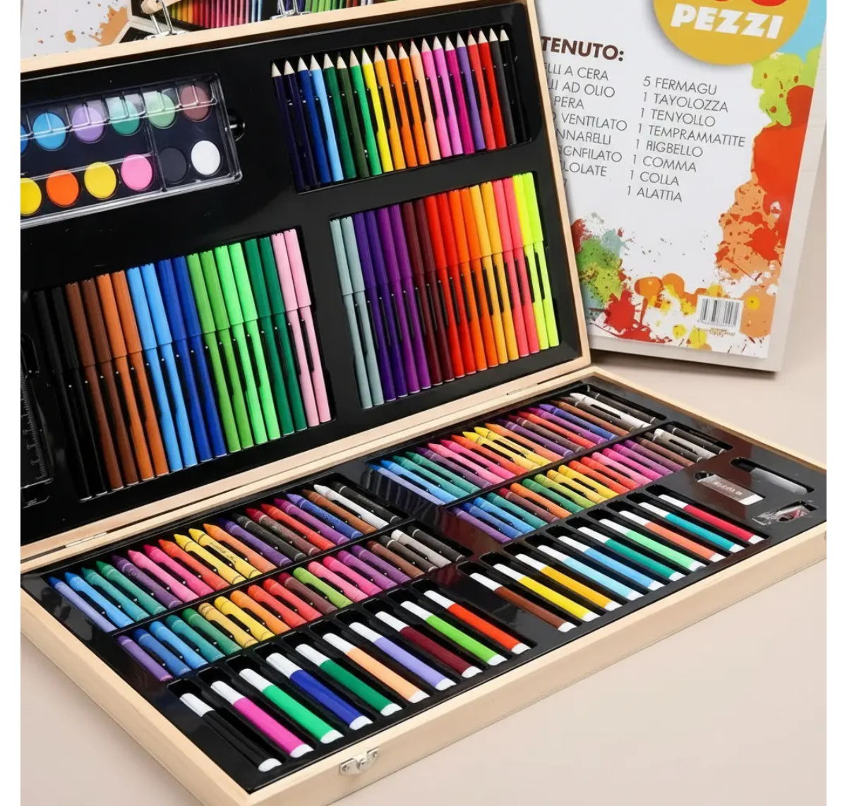 SET DE DIBUJO Y PINTURA 180 PIEZAS EN MALETA DE MADERA PARA NIÑOS