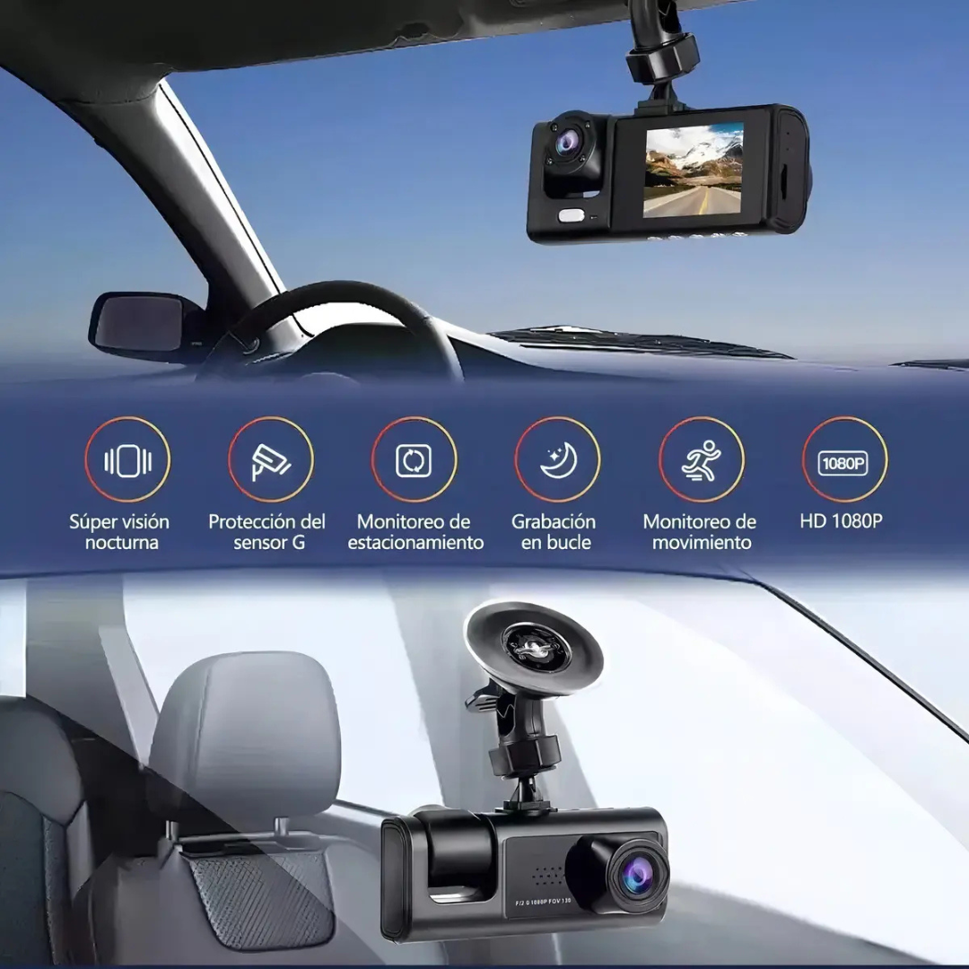 CÁMARA PARA AUTO HD 1080P VISIÓN NOCTURNA DASHCAM TRIPLE CÁMARA