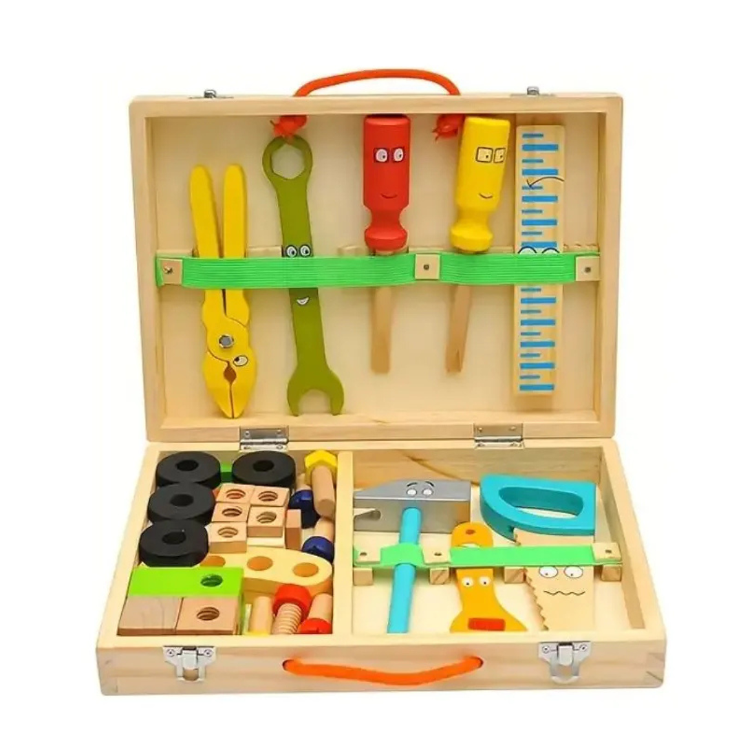 SET HERRAMIENTAS DE MADERA PARA NIÑOS 36 PIEZAS CON MALETÍN PORTÁTIL.