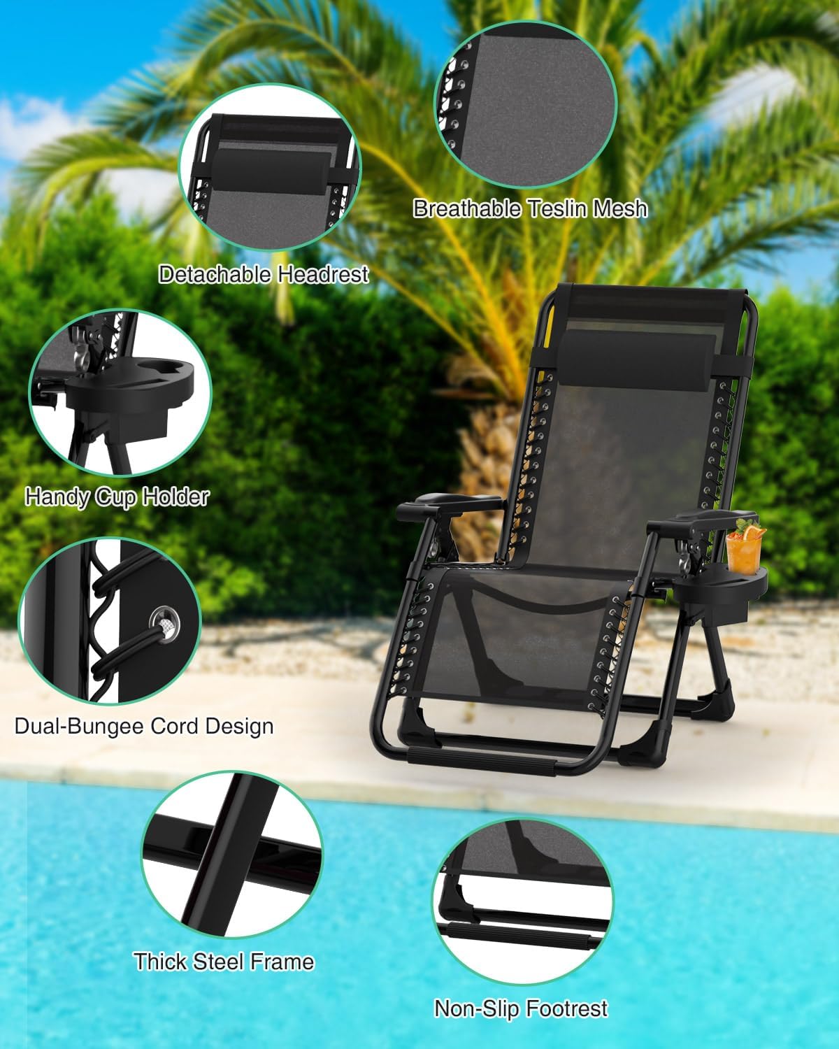 SILLA ZERO GRAVITY RECLINABLE PLEGABLE CON COJÍN Y ALMOHADA MÁXIMO CONFORT EXTERIOR