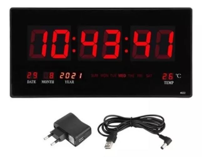 Reloj Digital Pared Luz Led Hora Fecha Temperatura 26x15cm