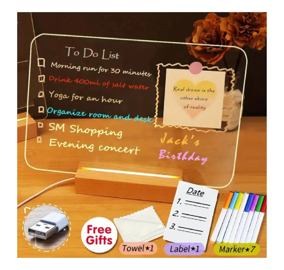 PIZARRA LED ACRÍLICA 20X30 CM USB + 7 MARCADORES