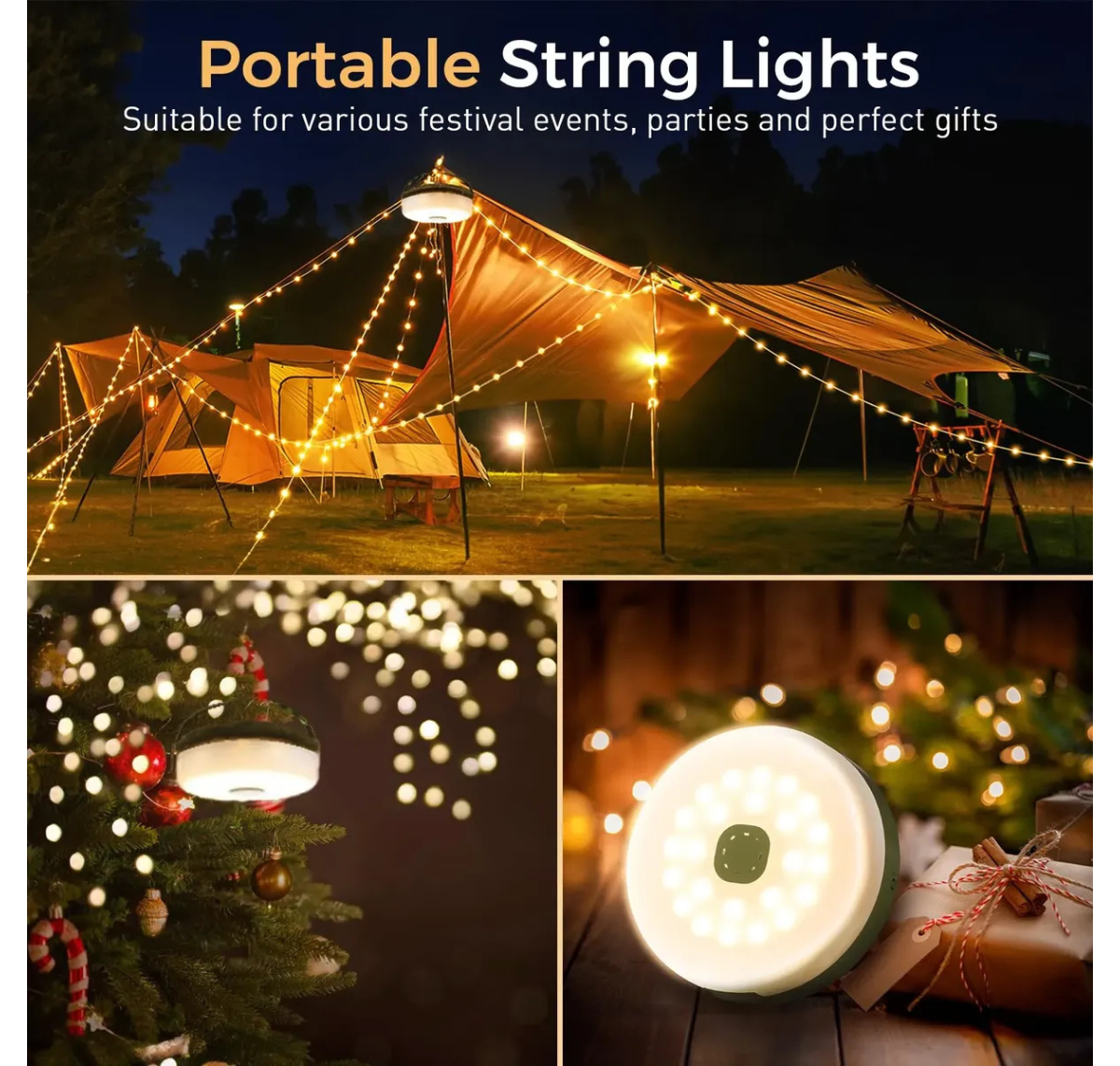 CADENA DE LUCES PARA CAMPING 10 METROS -RECARGABLE CON 8 MODOS