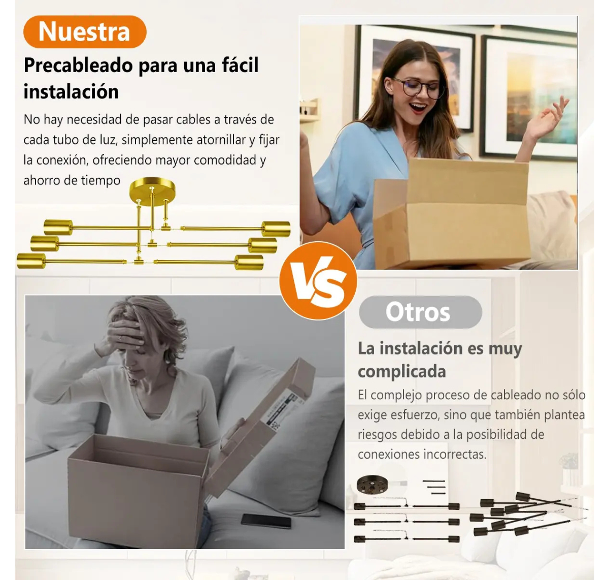 LÁMPARA DE TECHO MODERNA 6 LUCES E27 DORADA SIN AMPOLLETAS