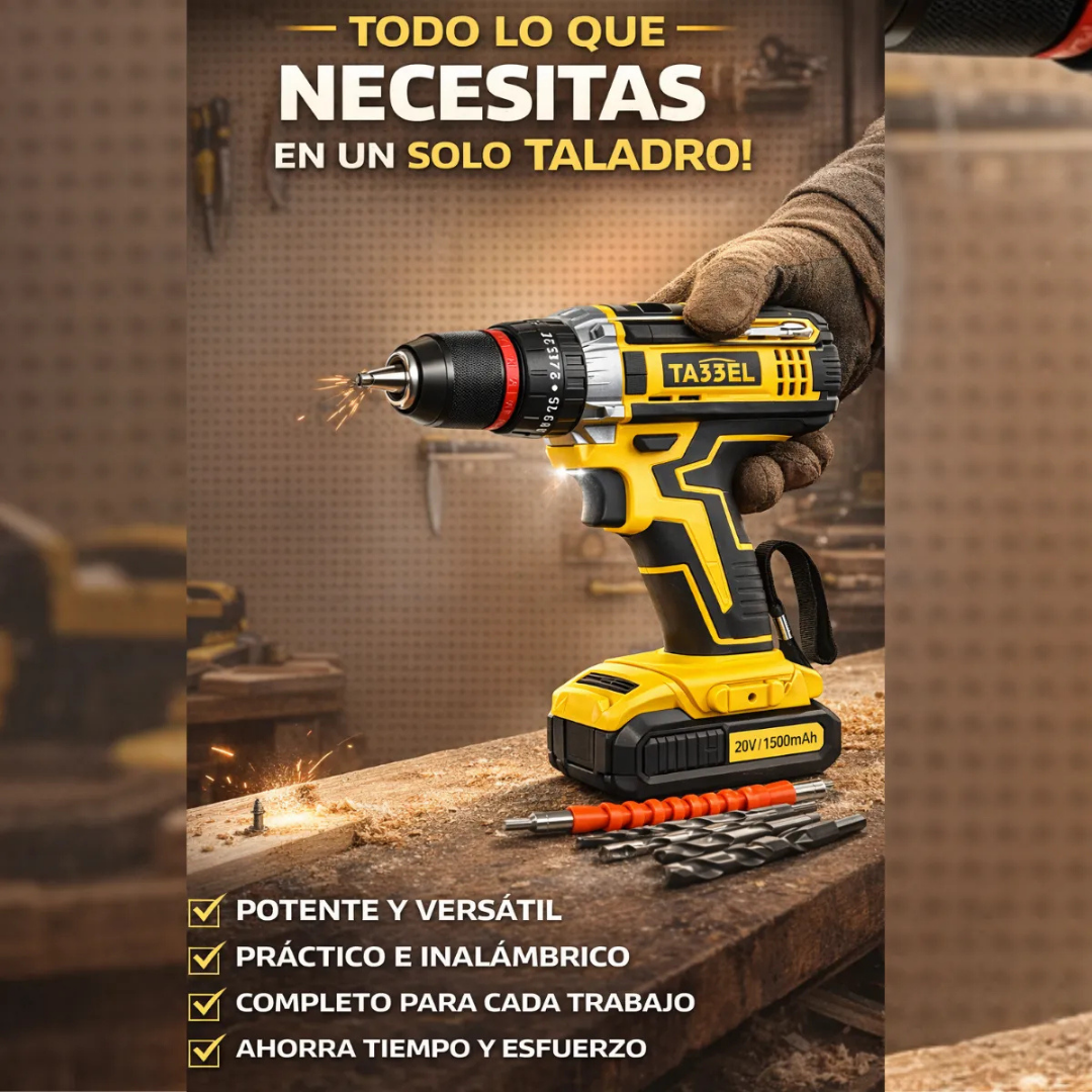 KIT TALADRO INALÁMBRICO CON 2 BATERÍAS Y ACCESORIOS