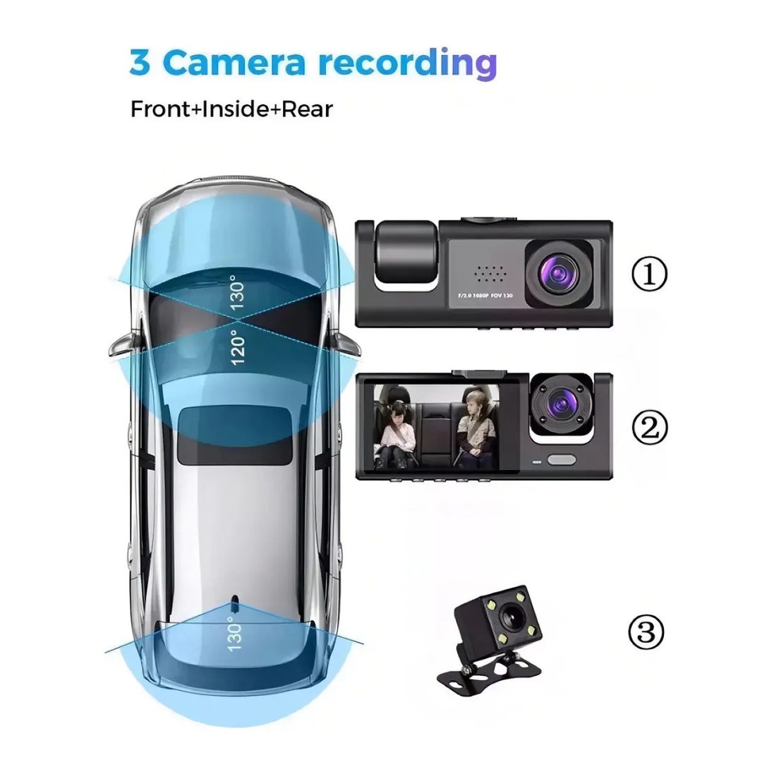 CÁMARA PARA AUTO HD 1080P VISIÓN NOCTURNA DASHCAM TRIPLE CÁMARA