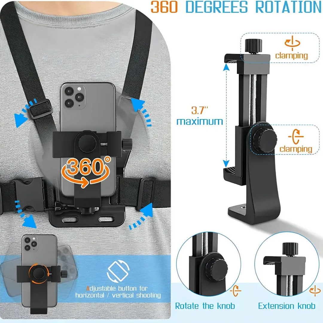 SOPORTE PORTA CELULAR AJUSTABLE CON CORREA DE PECHO - NEGRO