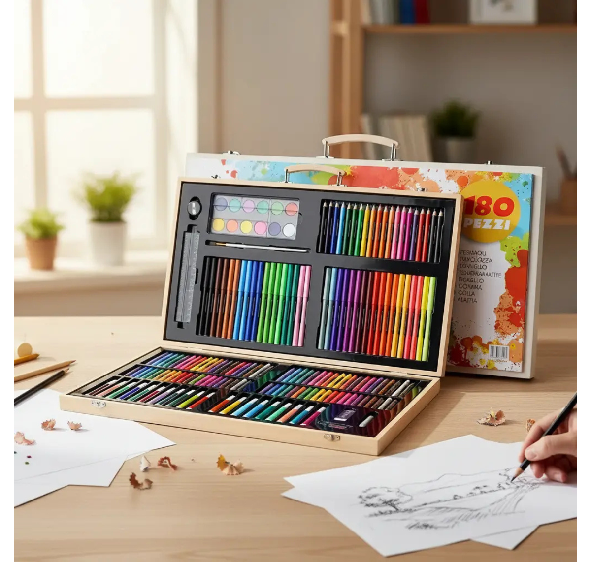 SET DE DIBUJO Y PINTURA 180 PIEZAS EN MALETA DE MADERA PARA NIÑOS