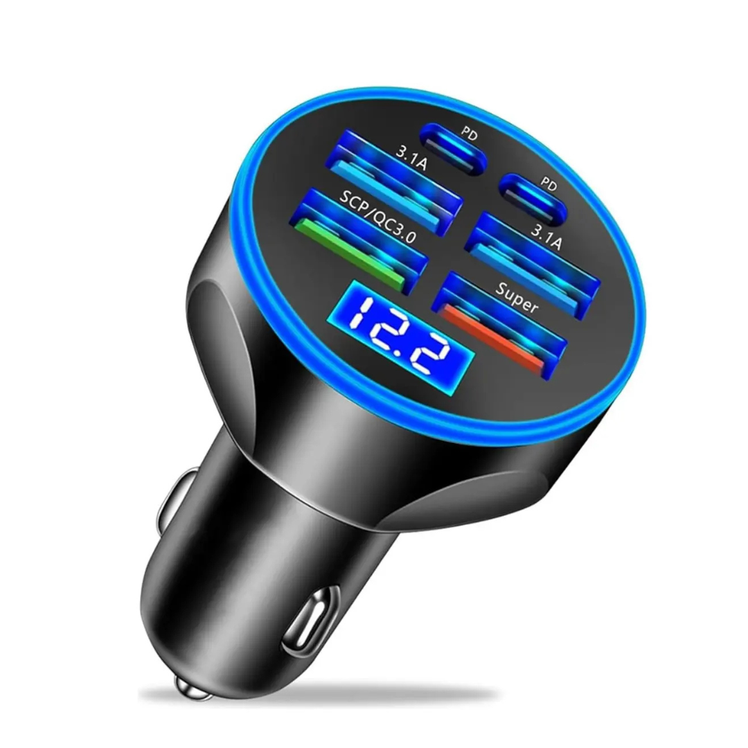 CARGADOR AUTO CARGA RÁPIDA 66W 6 PUERTOS USB Y USB-C QC 3.0 UNIVERSAL