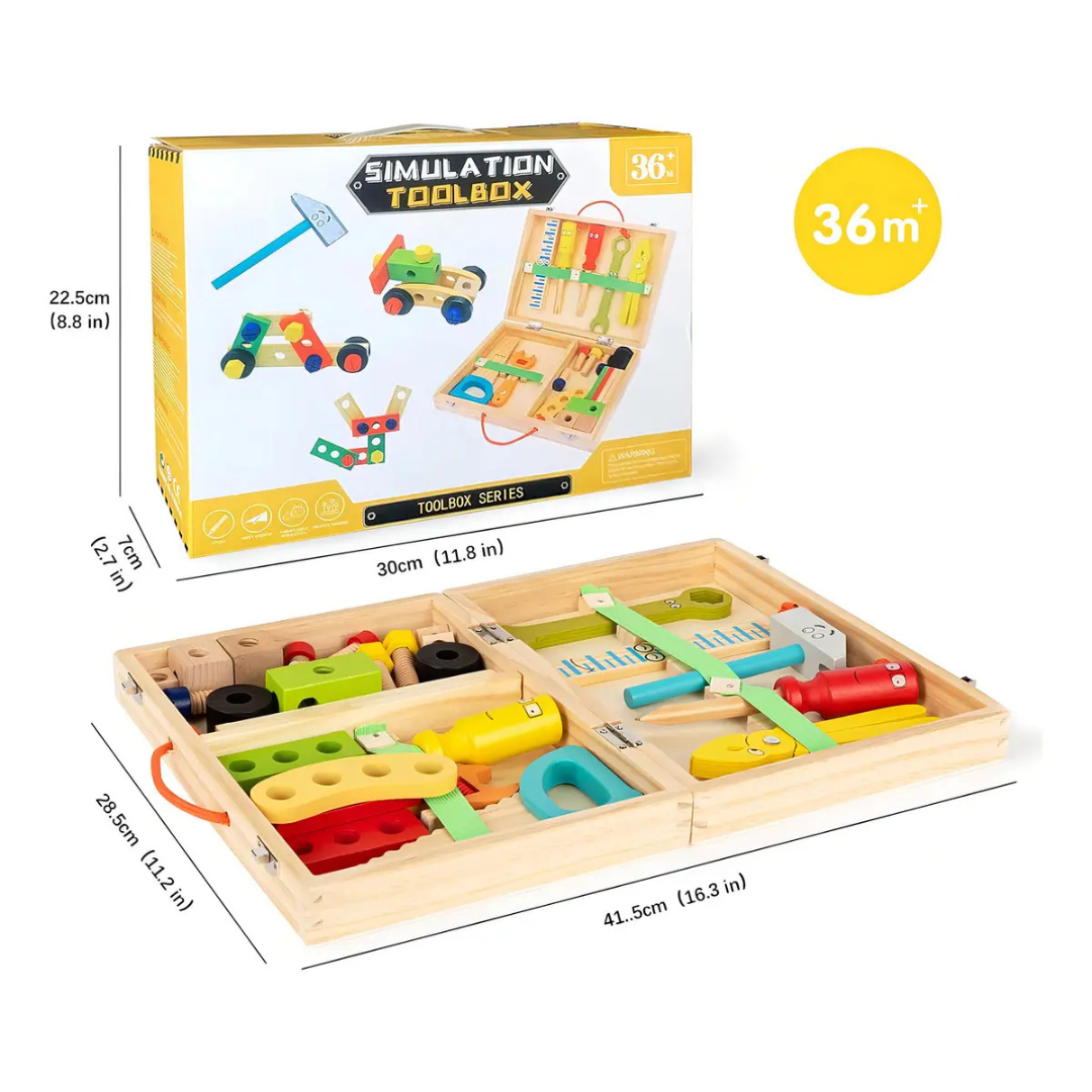 SET HERRAMIENTAS DE MADERA PARA NIÑOS 36 PIEZAS CON MALETÍN PORTÁTIL.