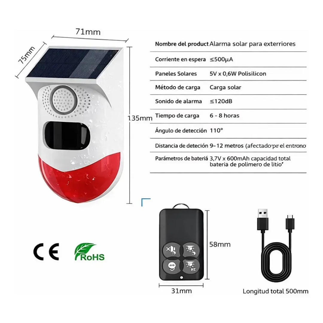 SENSOR DE MOVIMIENTO TUYA CT80WR SOLAR WIFI INALÁMBRICO CON ALARMA SONORA