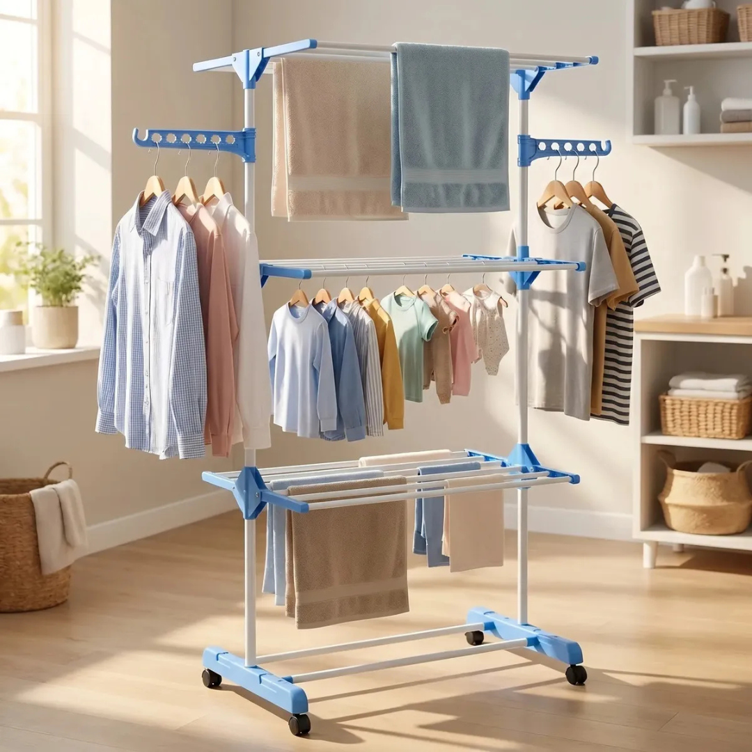 TENDEDERO DE ROPA COLGADOR PERCHERO PLEGABLE 3 NIVELES AZUL