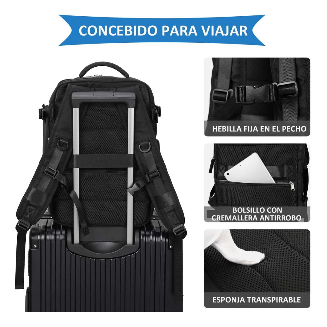 MOCHILA VIAJE 40L IMPERMEABLE NEGRA CON COMPARTIMIENTO