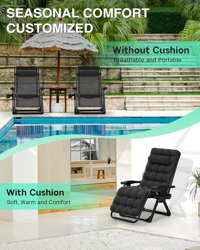 SILLA ZERO GRAVITY RECLINABLE PLEGABLE CON COJÍN Y ALMOHADA MÁXIMO CONFORT EXTERIOR