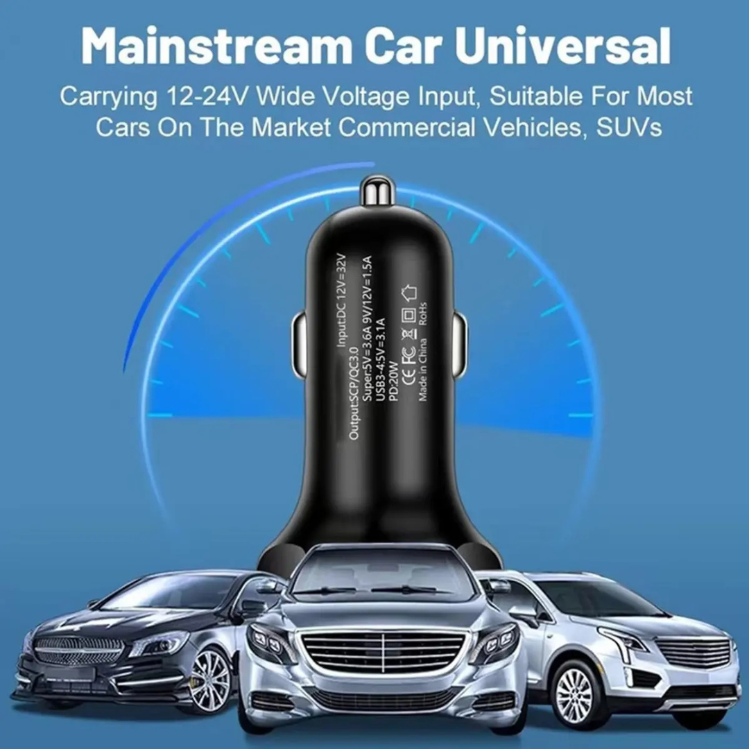 CARGADOR AUTO CARGA RÁPIDA 66W 6 PUERTOS USB Y USB-C QC 3.0 UNIVERSAL