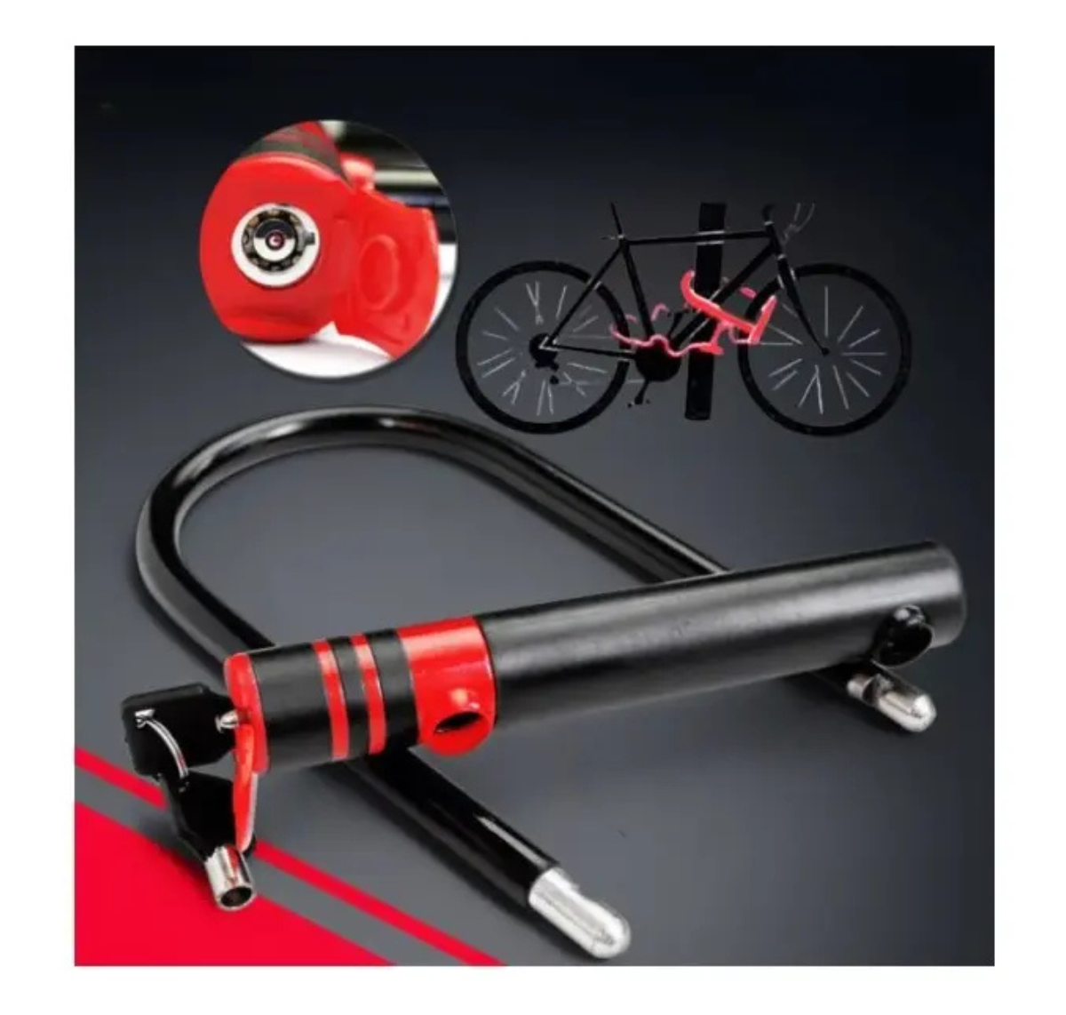 CANDADO PARA BICICLETA U-LOCK ANTIRROBO DE ACERO REFORZADO- ROJO