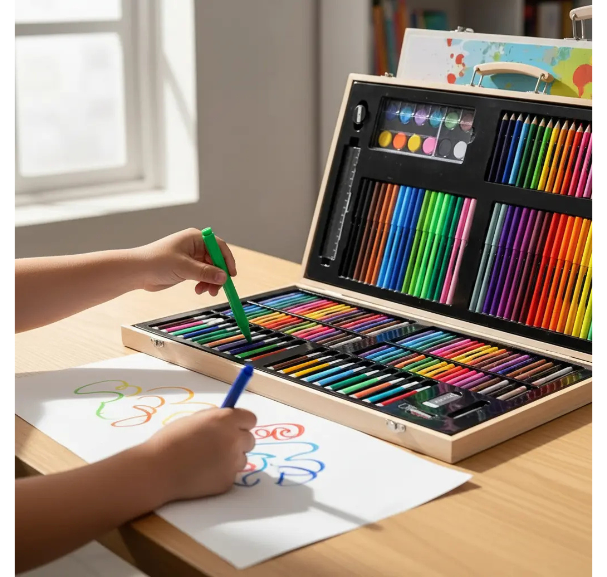 SET DE DIBUJO Y PINTURA 180 PIEZAS EN MALETA DE MADERA PARA NIÑOS