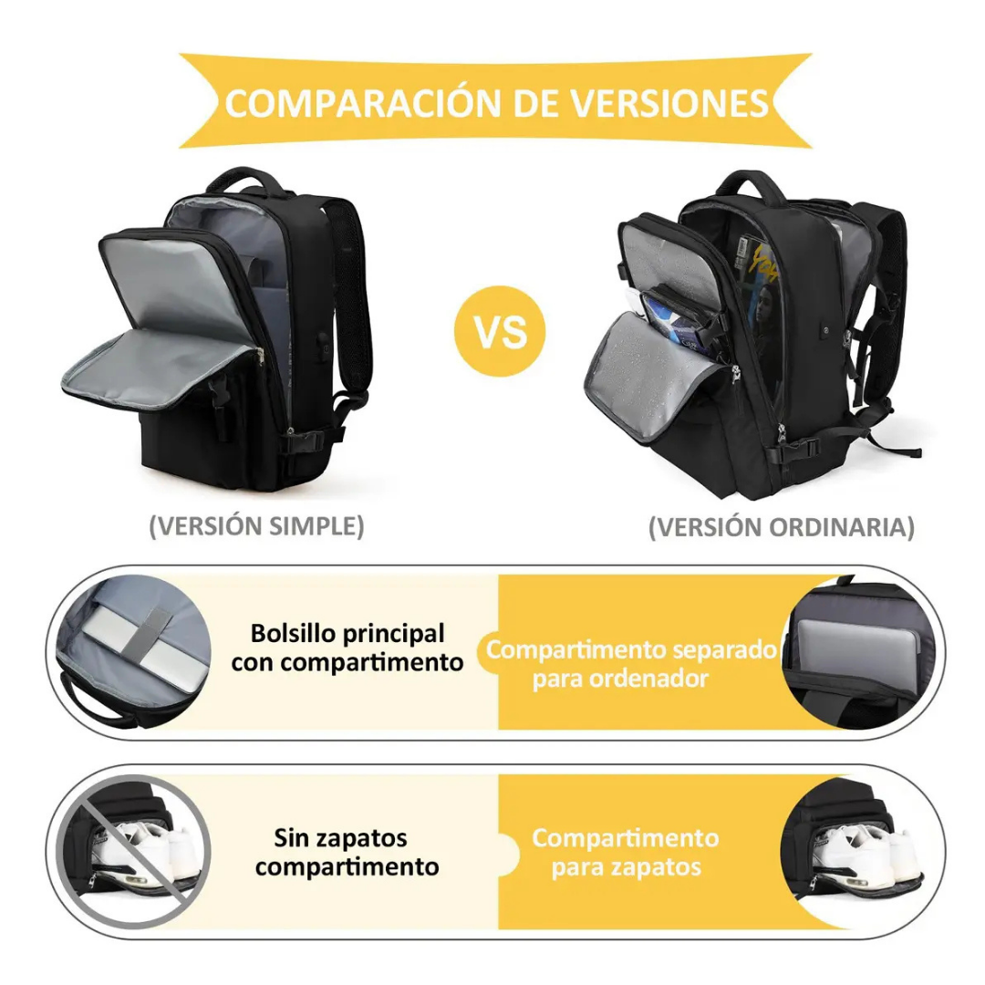 MOCHILA VIAJE 40L IMPERMEABLE NEGRA CON COMPARTIMIENTO