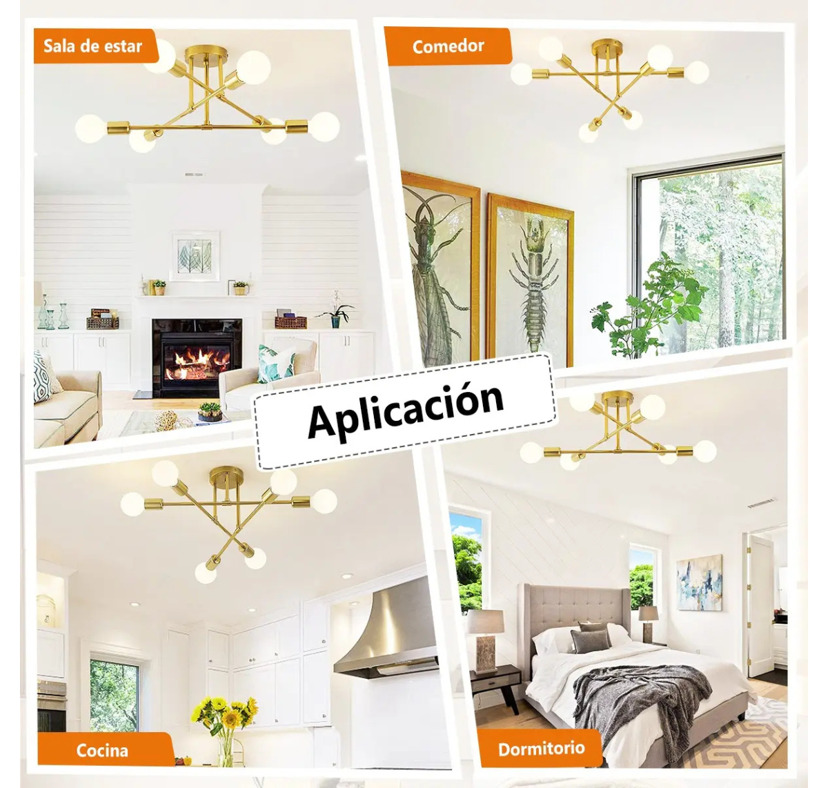 LÁMPARA DE TECHO MODERNA 6 LUCES E27 DORADA SIN AMPOLLETAS