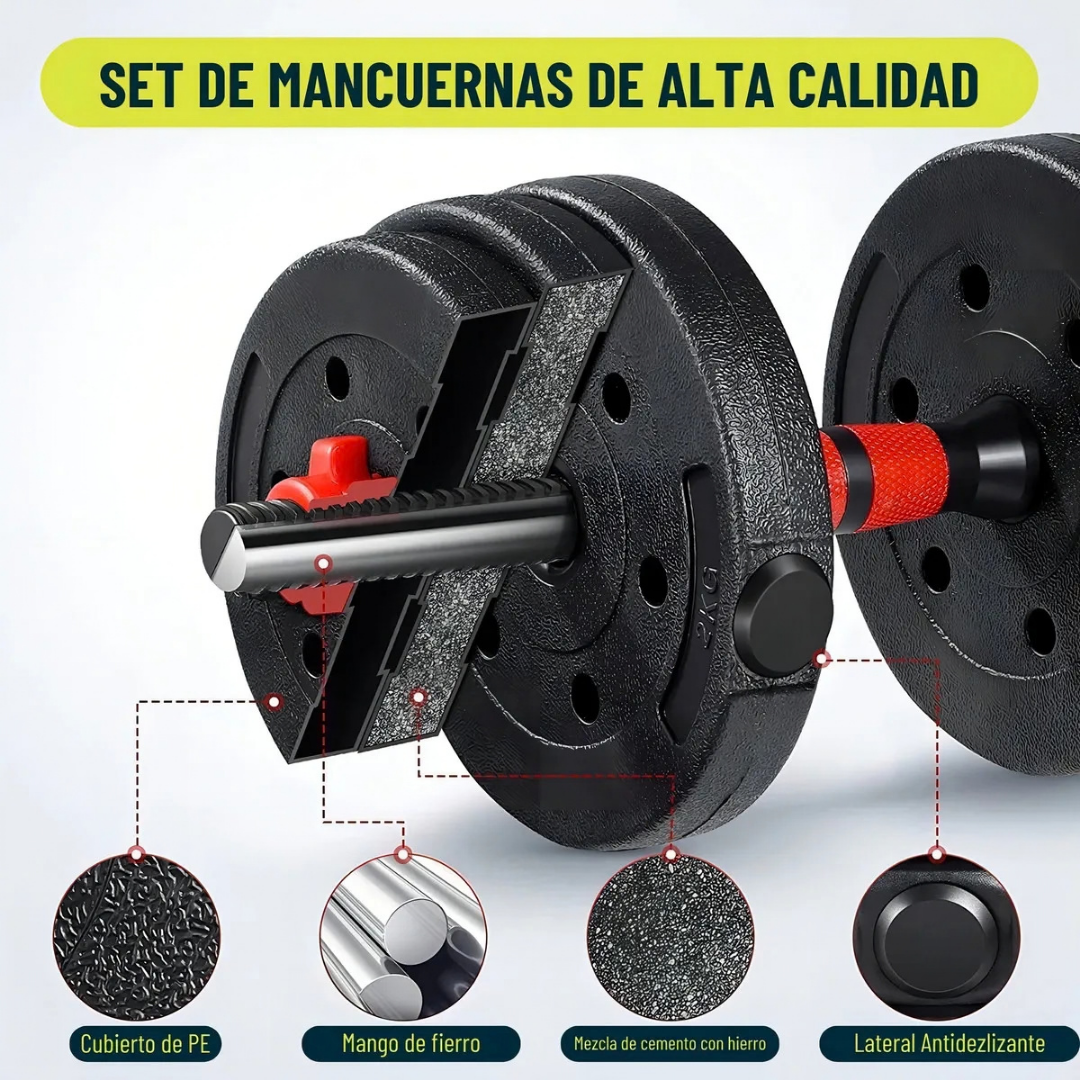 SET DE MANCUERNAS AJUSTABLES 10 KG CON BARRA EXTENSIBLE Y DISCOS NEGROS