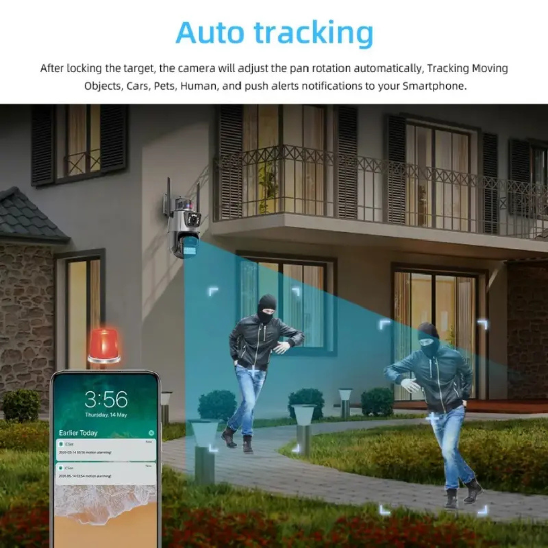 CÁMARA DOMO WIFI DOBLE LENTE FULL HD CON ALARMA Y SEGUIMIENTO INTELIGENTE HLC