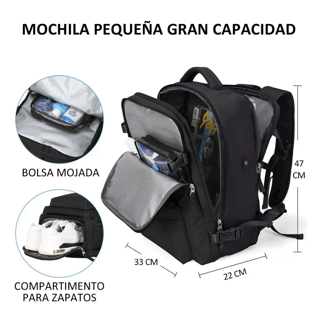 MOCHILA VIAJE 40L IMPERMEABLE NEGRA CON COMPARTIMIENTO