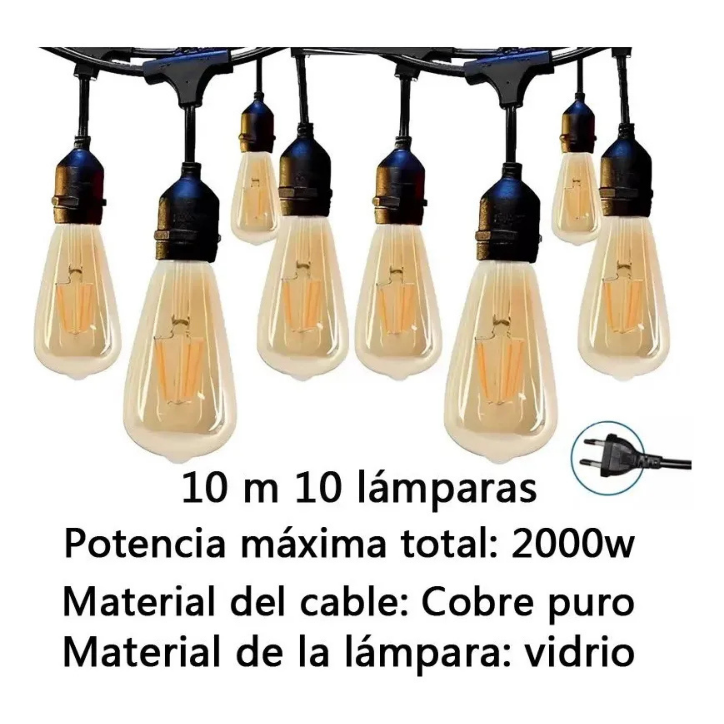 GUIRNALDA LUCES VINTAGE TERRAZA CÁLIDA 10MTS CON 10 AMPOLLETAS LED E27