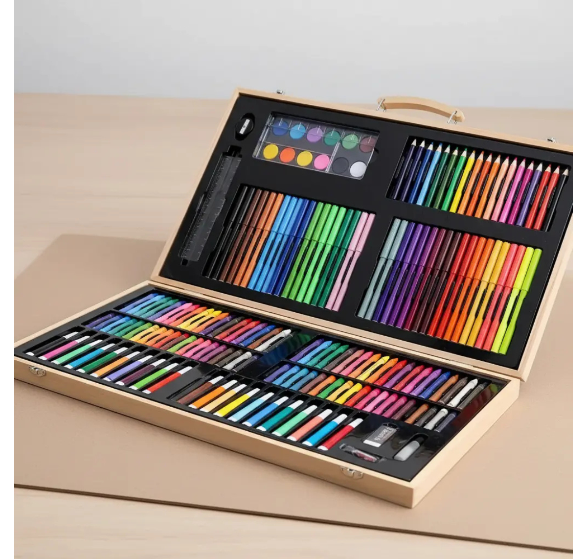 SET DE DIBUJO Y PINTURA 180 PIEZAS EN MALETA DE MADERA PARA NIÑOS