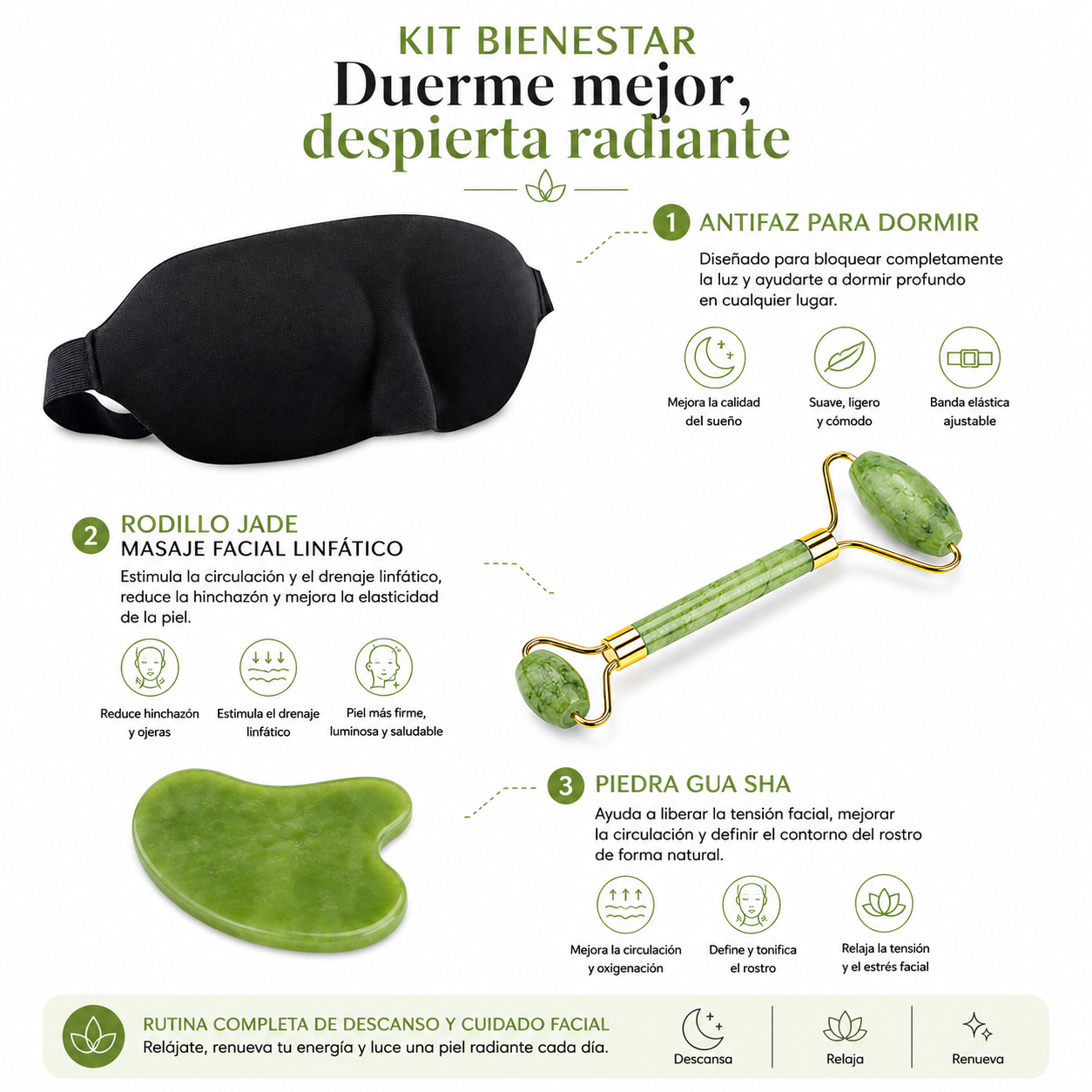 KIT BIENESTAR FACIAL (RODILLO JADE + PIEDRA GUA SHA + ANTIFAZ PARA DORMIR