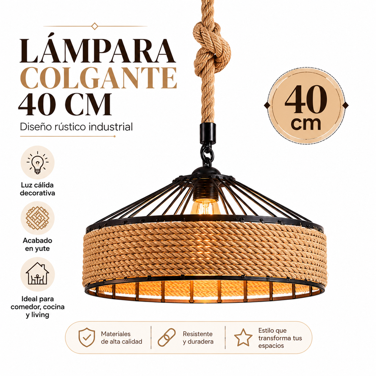 LÁMPARA COLGANTE CON CUERDA DE CÁÑAMO DE 40 CM RÚSTICA