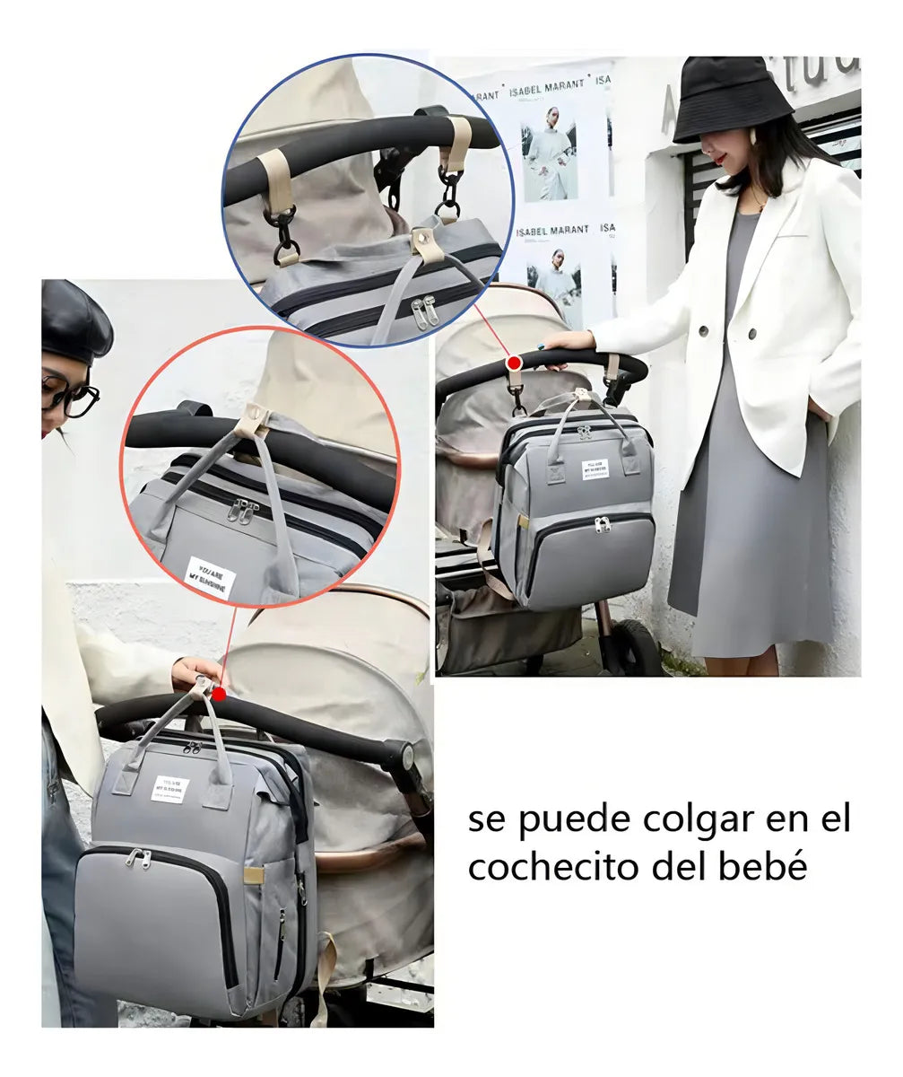 MOCHILA PAÑALERA 3 EN 1 CUNA Y MUDADOR PORTÁTIL IMPERMEABLE GRIS