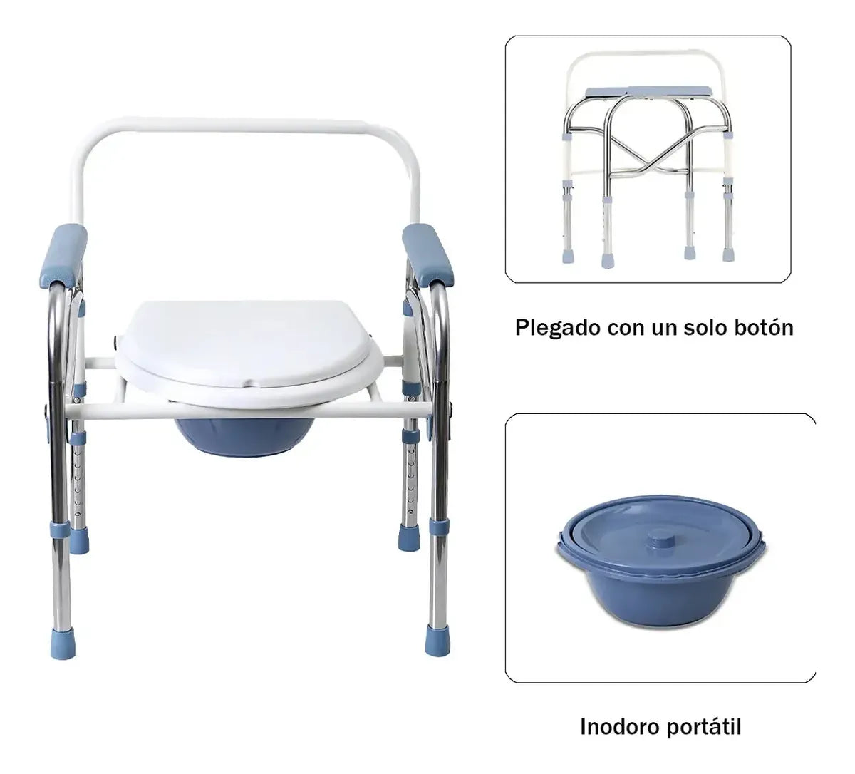 SILLA SANITARIA PLEGABLE AJUSTABLE ACERO INOXIDABLE ADULTO