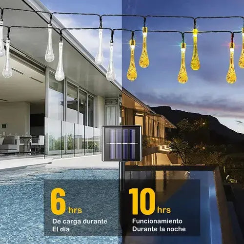 GUIRNALDA SOLAR LED 30 GOTAS LUZ CÁLIDA AMARILLA 6,5 METROS IP65 PARA EXTERIOR