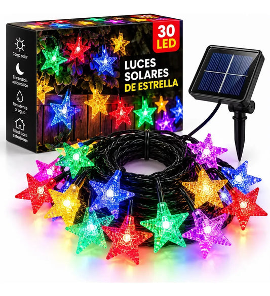 GUIRNALDA SOLAR LED ESTRELLAS MULTICOLOR 6.5 METROS - 30 LED CON 8 FUNCIONES