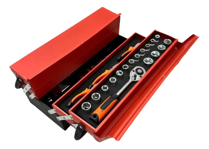 CAJA DE HERRAMIENTAS SET 85 PIEZAS PLEGABLE 5 NIVELES METÁLICA.