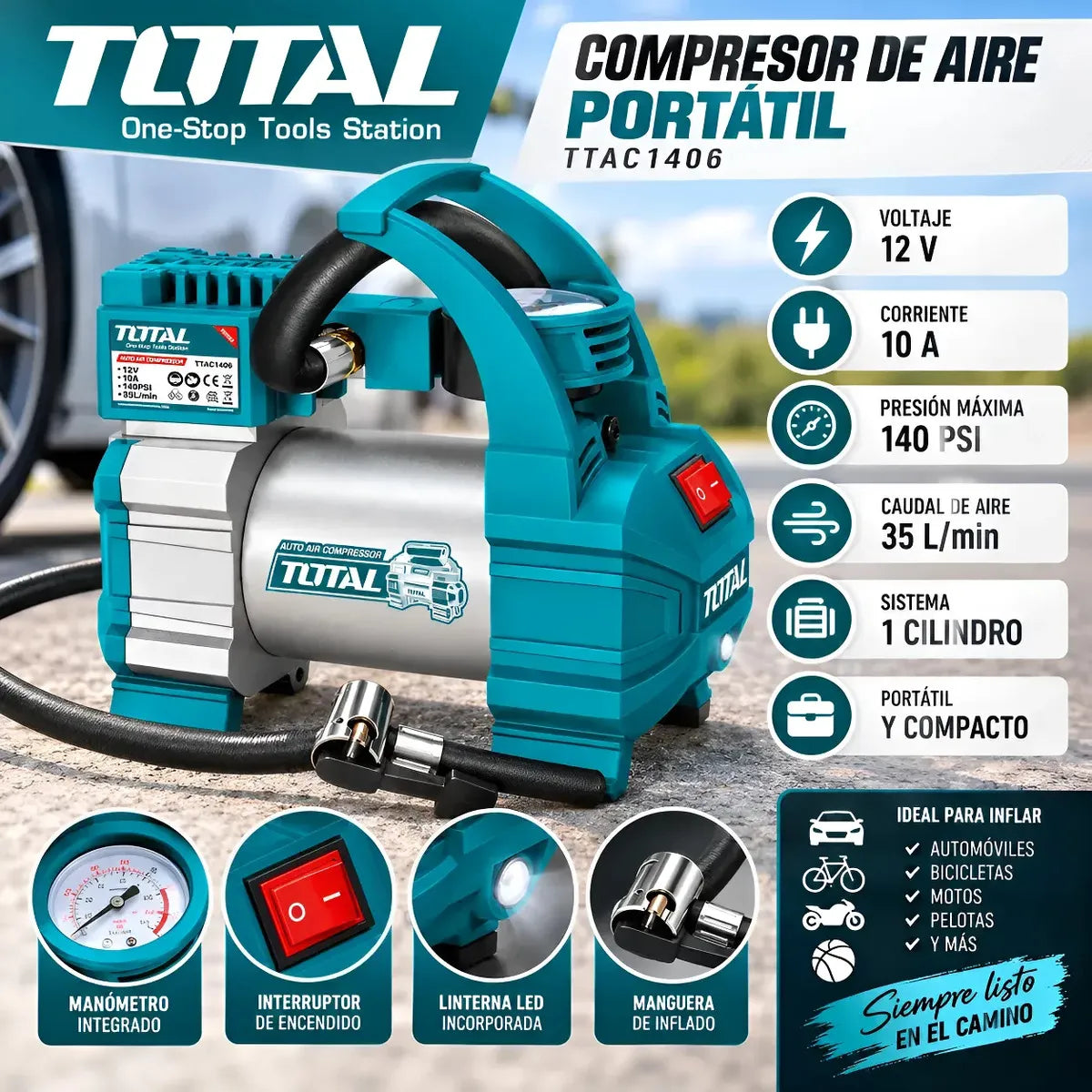 COMPRESOR DE AIRE PORTÁTIL TOTAL 12V 10A PARA AUTO + MANGUERA + ADAPTADORES