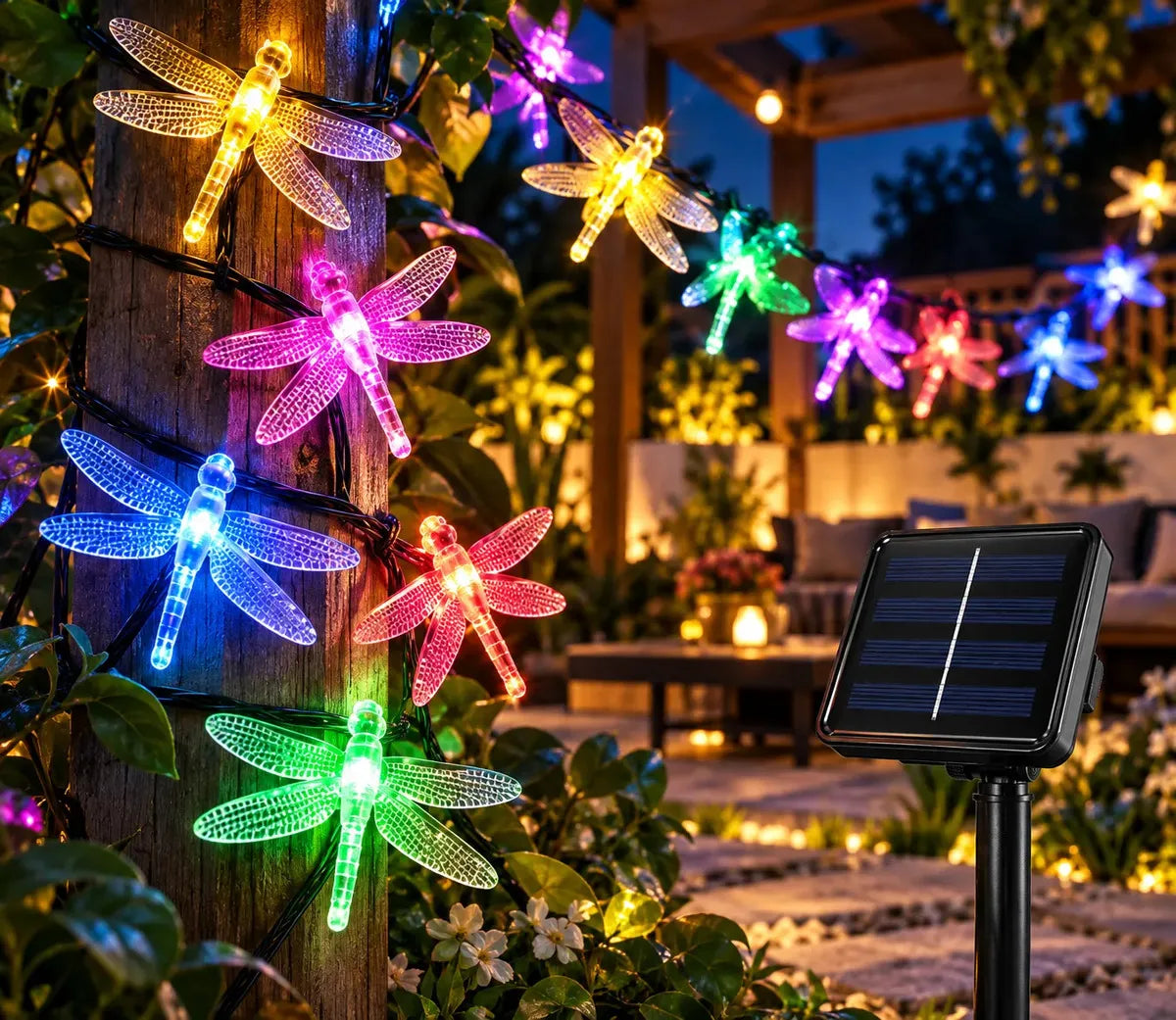 GUIRNALDA SOLAR LIBÉLULAS MULTICOLOR 60 LED 5 METROS