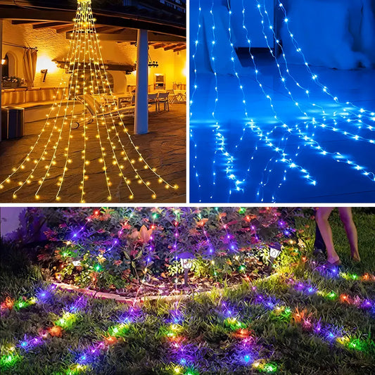 LUCES CORTINA MULTICOLOR SOLAR ÁRBOL DE NAVIDAD 300 LED - 3 METROS - 8 FUNCIONES