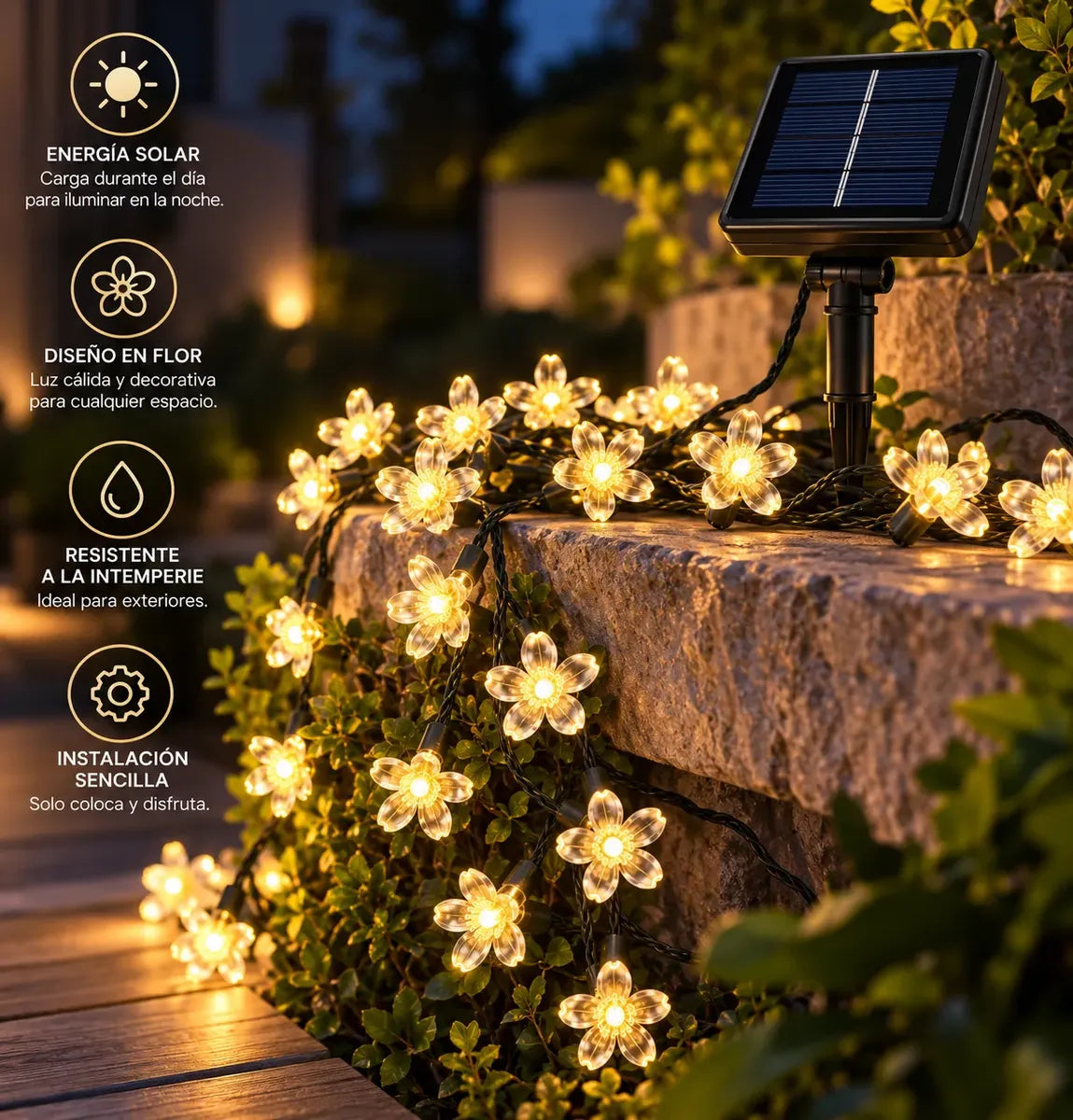 GUIRNALDA SOLAR DE FLORES LED LUZ CÁLIDA 30 LUCES PARA JARDÍN Y EXTERIOR