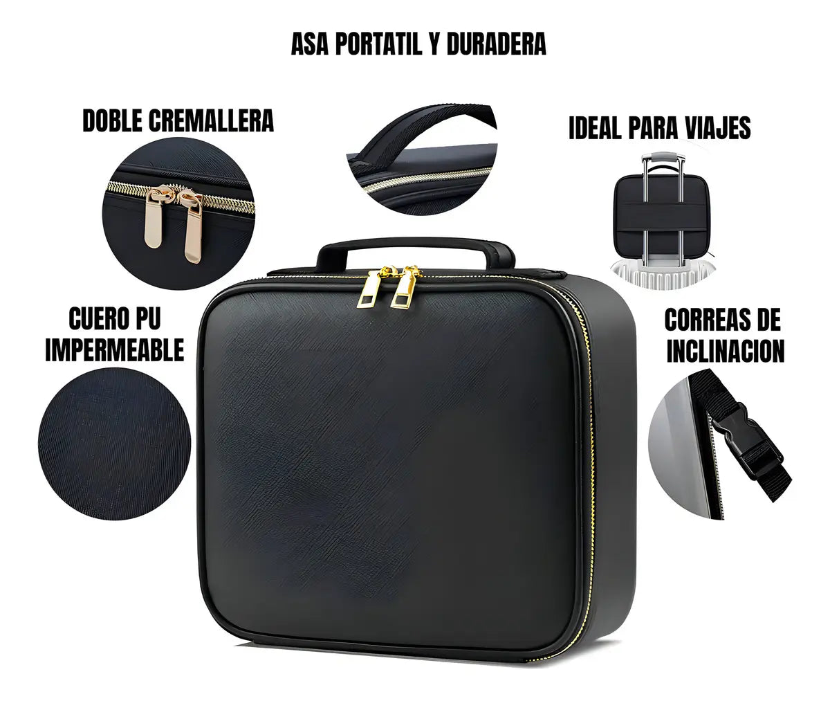 MALETA ORGANIZADORA DE MAQUILLAJE PORTÁTIL CON ESPEJO LED - COLOR NEGRO