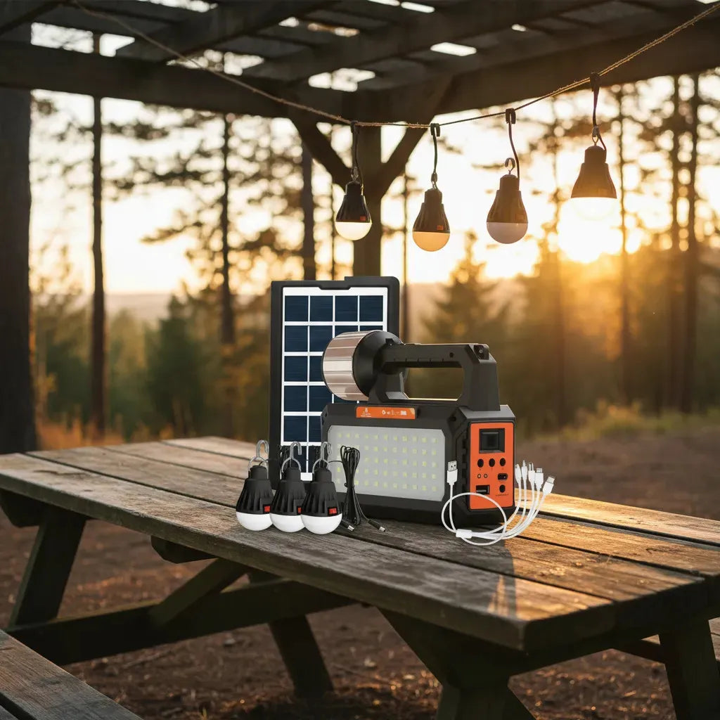 KIT EMERGENCIA RADIO SOLAR MULTIUSOS CON AMPOLLETAS + LINTERNA + USB