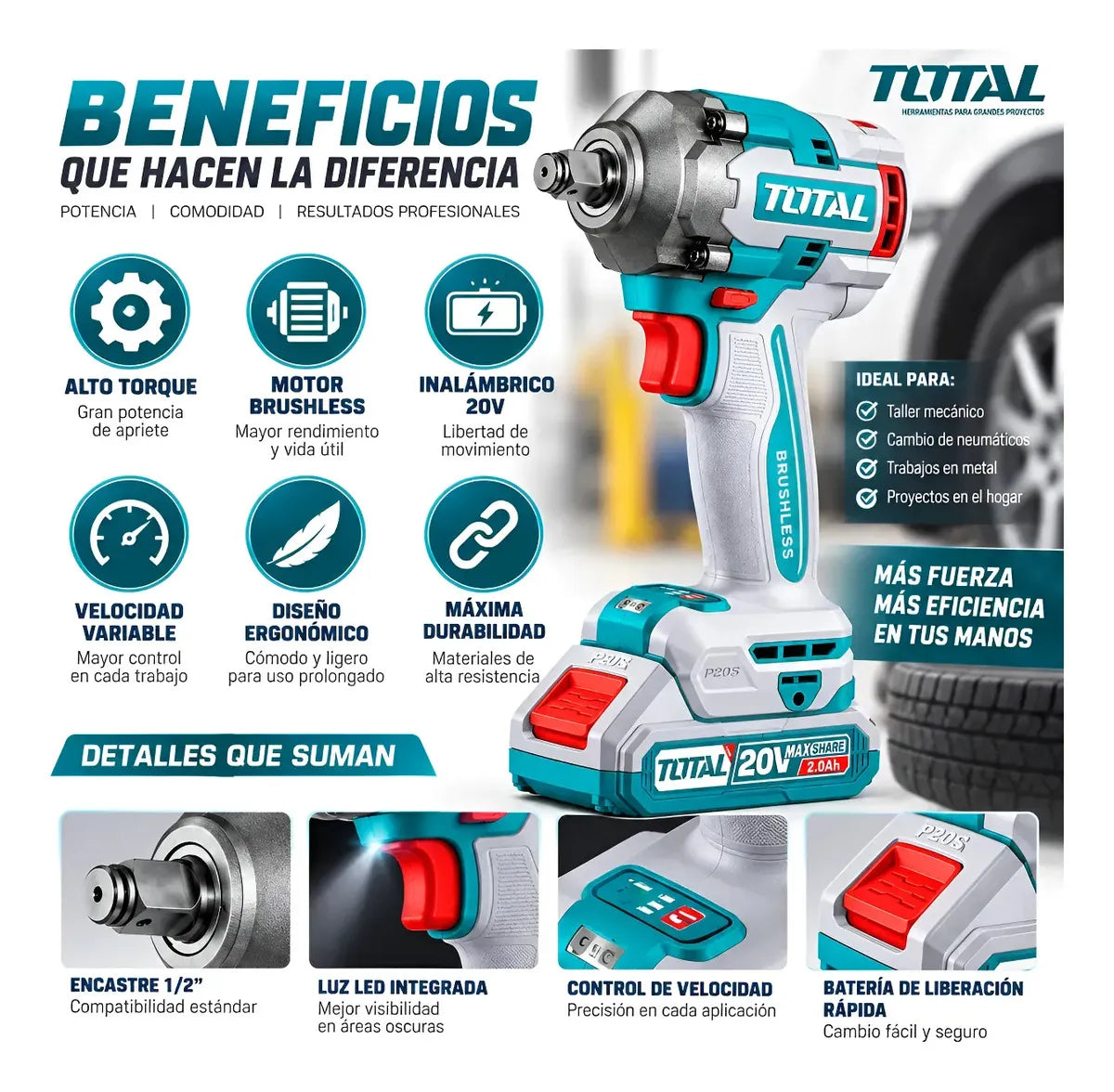 TALADRO / LLAVE DE IMPACTO INALÁMBRICA 1/2" 20V + 2 BATERÍAS Y MATETÍN